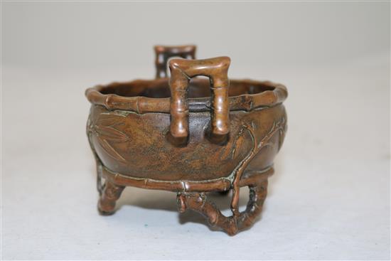 A Chinese bronze bamboo-form censer, width 22.5cm